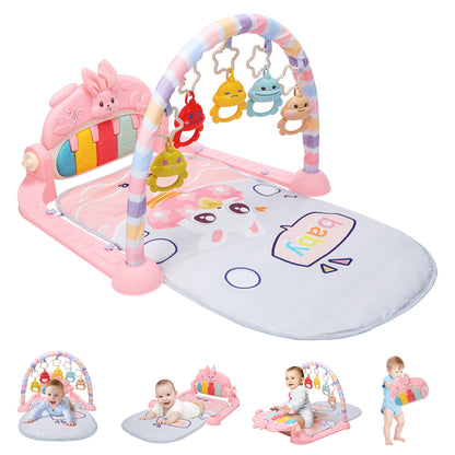 HOLYFUN Baby Play Mat Baby Gym, Play Piano Tummy Time Mat with Activity Gym, 5 Infant Learning Sensory Baby Toys, Musical Activity Center for Early Development and Entertainment, Pink