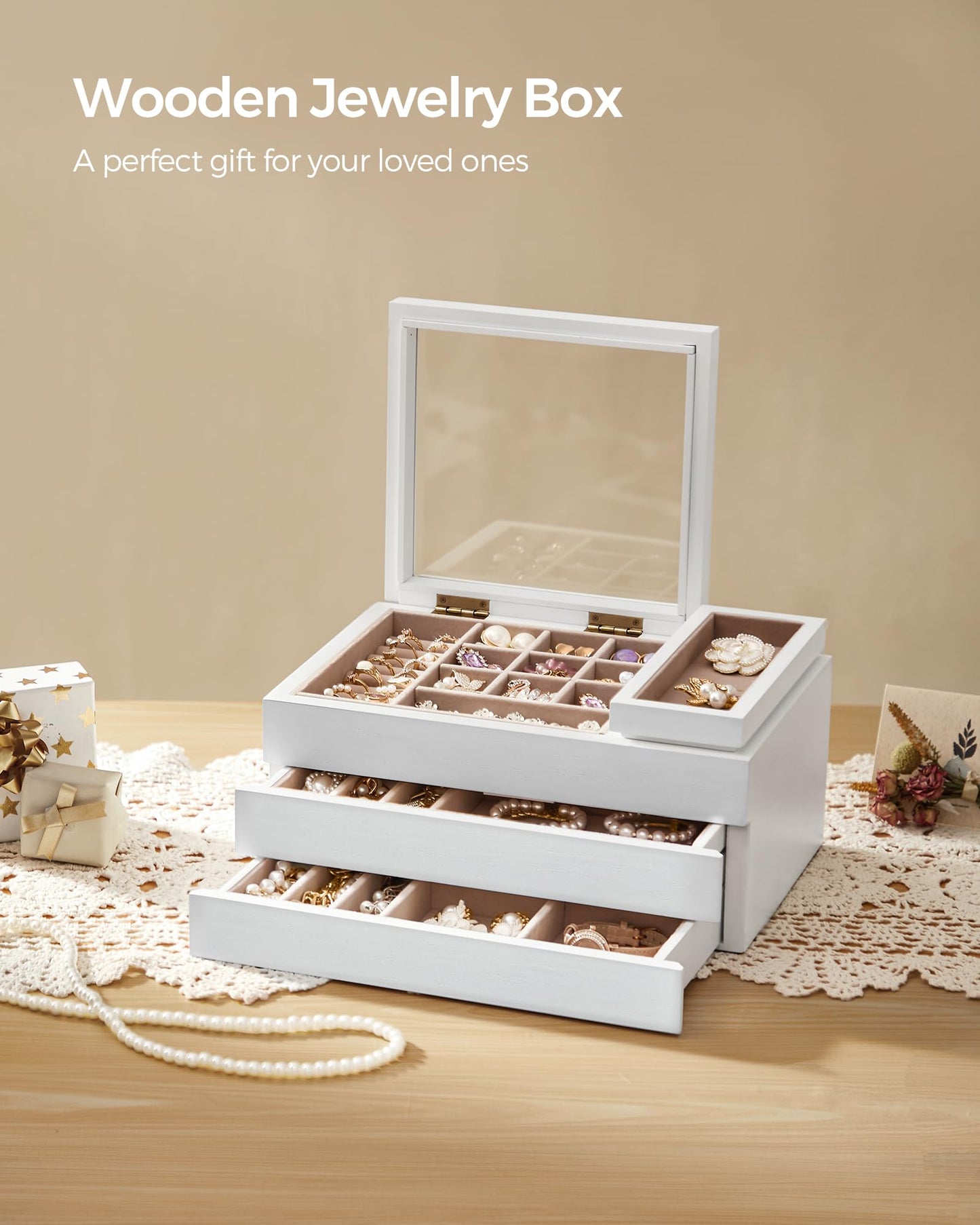 SONGMICS Wooden Jewelry Box with Clear Lid, 3-Layer Jewelry Storage Organizer, 2 Drawers, Small Removable Tray, Solid Wood Veneer, Velvet Lining, Floating Effect, Gift Idea, Snow White UJOW016W01