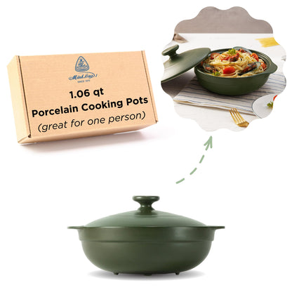 Minh Long 1qt Porcelain Cooking Pots, Clay Pot for Cooking, Dutch Oven, Casserole Dish with Lid, Use for slow cook, stew, braise, boil,..Compatible with gas & infrared cooktop (Luna - Green, 1.06qt)