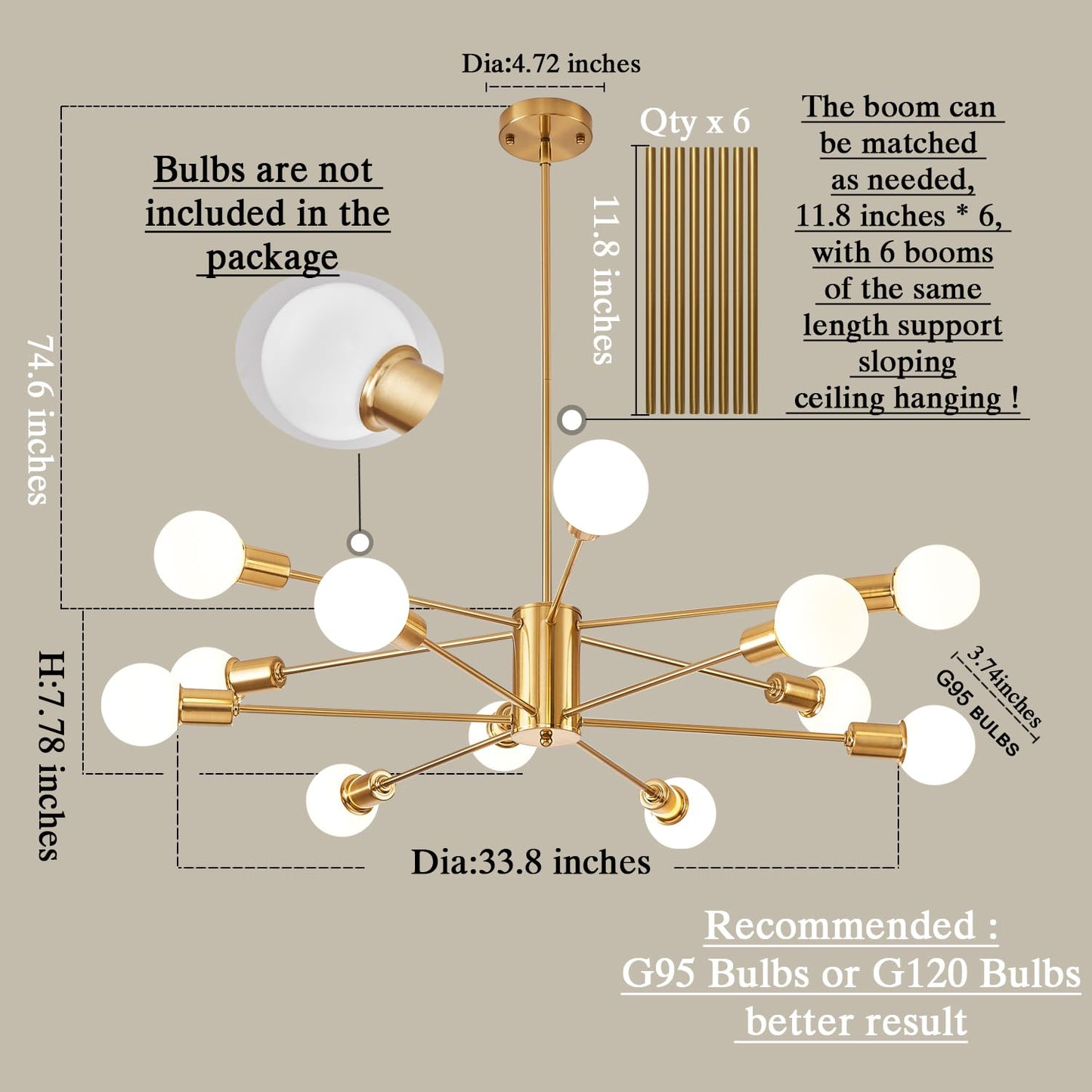 Gold Chandelier for High Ceilings, 12 Lights
