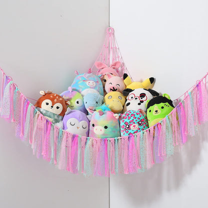 Stuffed Animal Storage Macrame Boho Plush Toy Net Hammock for Stuffed Animals with Light Pet Net for Stuffed Animals Corner Hanging Stuffed Animal Holder Teddy Bear Net for Kids Room