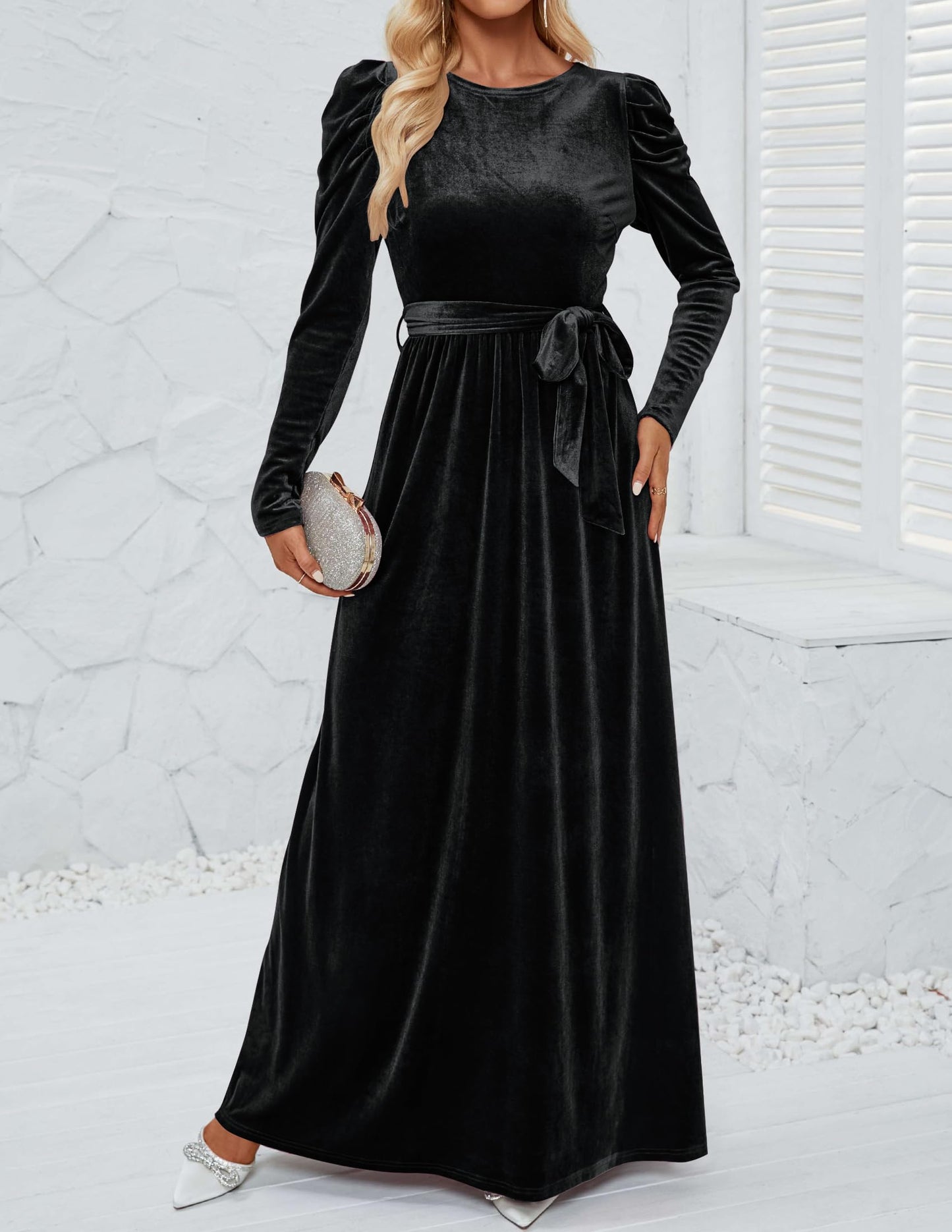 ZESICA Women's Velvet Maxi Dress with Puff Sleeves