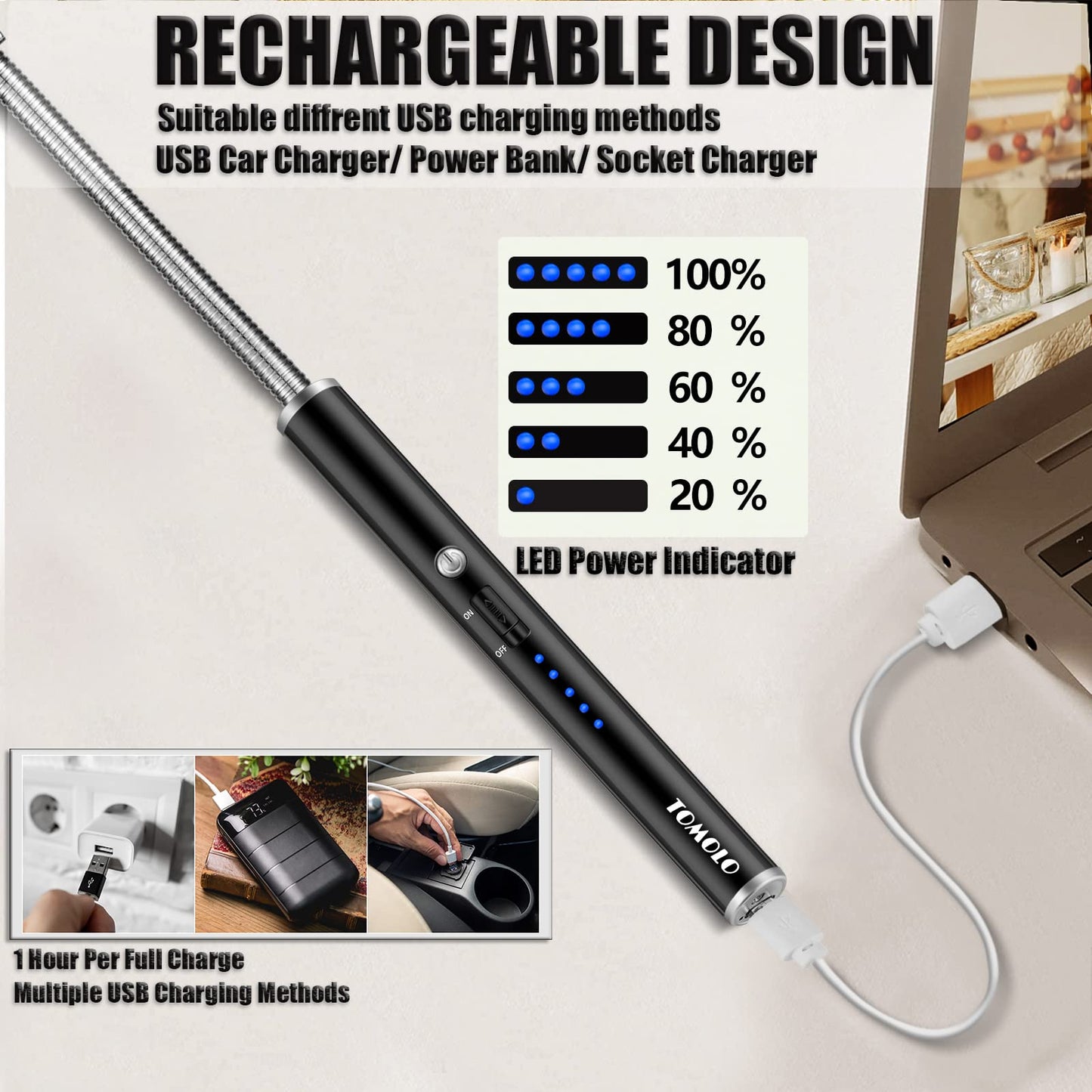 TOMOLO Rechargeable Electric Candle Lighter with Flexible Neck