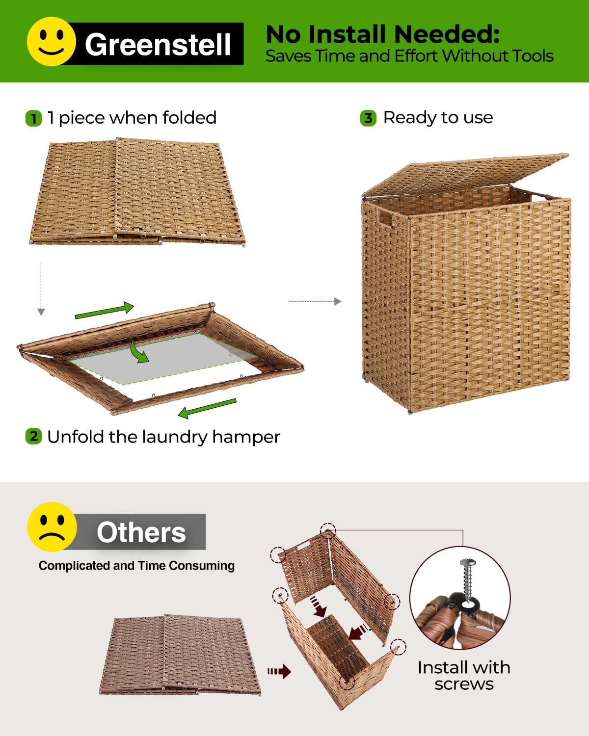 GREENSTELL 130L Wicker Laundry Hamper with Lid