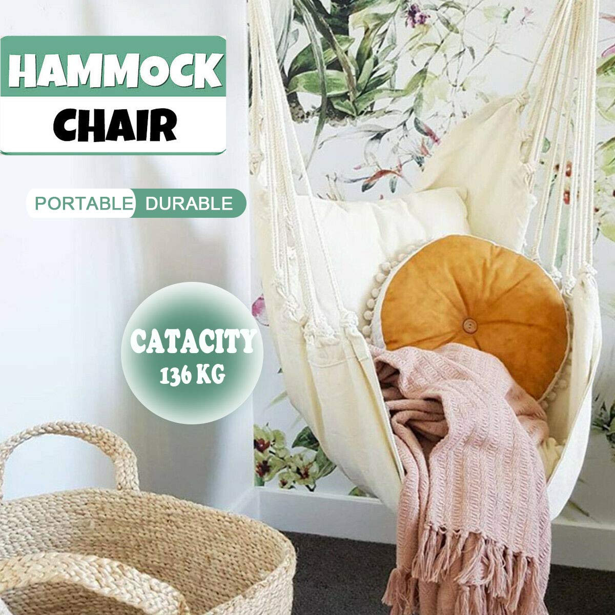 Hammock Chair Hanging Rope Swing Seat for Indoor Outdoor, Sturdy Cotton Weave Hammock Swing, Max 300Lbs Hanging Hammock Chair for Bedroom Patio Porch (Wooden Bar and Pillows NOT Included, Khaki)