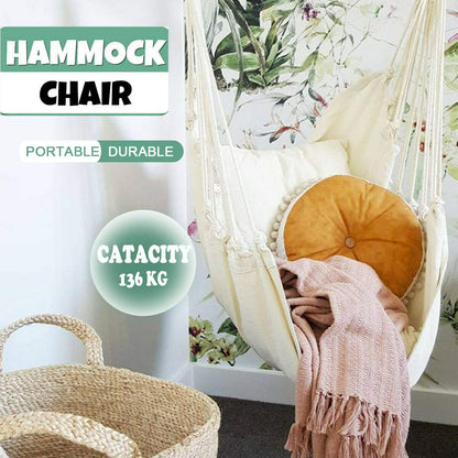 Hammock Chair Hanging Rope Swing Seat for Indoor Outdoor, Sturdy Cotton Weave Hammock Swing, Max 300Lbs Hanging Hammock Chair for Bedroom Patio Porch (Wooden Bar and Pillows NOT Included, Khaki)