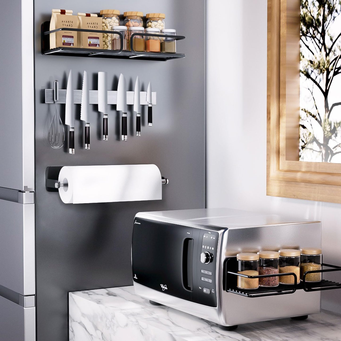 Magnetic Spice Rack for Refrigerator, Magnetic Paper Towel Holder, Stainless Steel Magnetic Knife Holder, Magnet Fridge Kitchen Organizers Storage, Spice Rack Organizer Kitchen Gadgets Storage