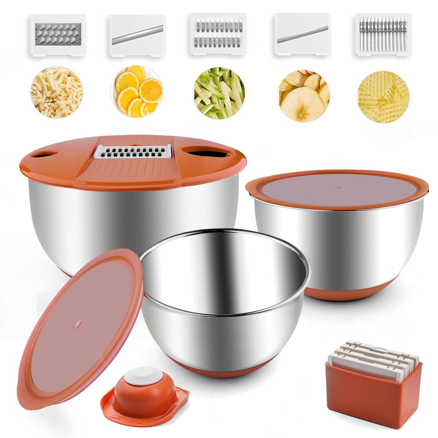 weltonhm Mixing Bowls with Lids Set,3 Pieces Stainless Steel Nesting Bowls Vegetables Slicer Non-Slip Mixing Bowl for Baking Prepping Cooking(Orange)