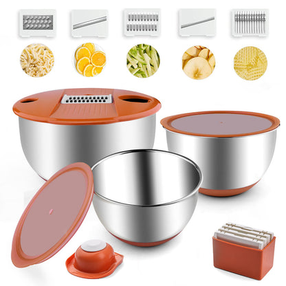 weltonhm Mixing Bowls with Lids Set,3 Pieces Stainless Steel Nesting Bowls Vegetables Slicer Non-Slip Mixing Bowl for Baking Prepping Cooking(Orange)