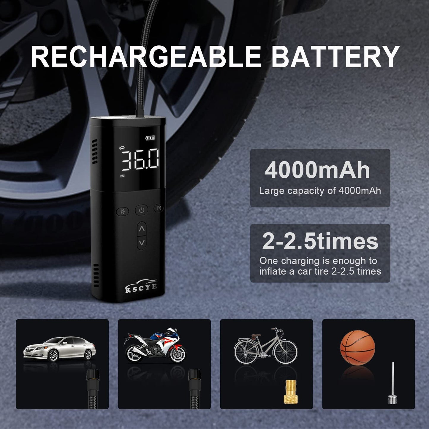 KSCYE Tire Inflator Portable Air Compressor,DC 12V Small Pump for Car Tires,150PSI Electric with Digital Pressure Gauge,LED Light Motorcycle Bike Ball,Bike Pump