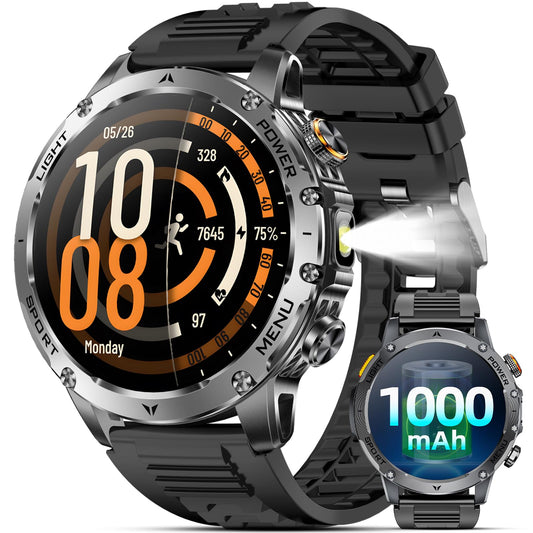 Military Smart Watches for Men, 1.7″ Smart Watch with 1000 mAh Battery, Led Flashlight, Answer/Make Calls, IP68 Waterproof, Heart Rate/Sleep Monitor 100+ Sport Modes Fitness Watch for Android/iPhone