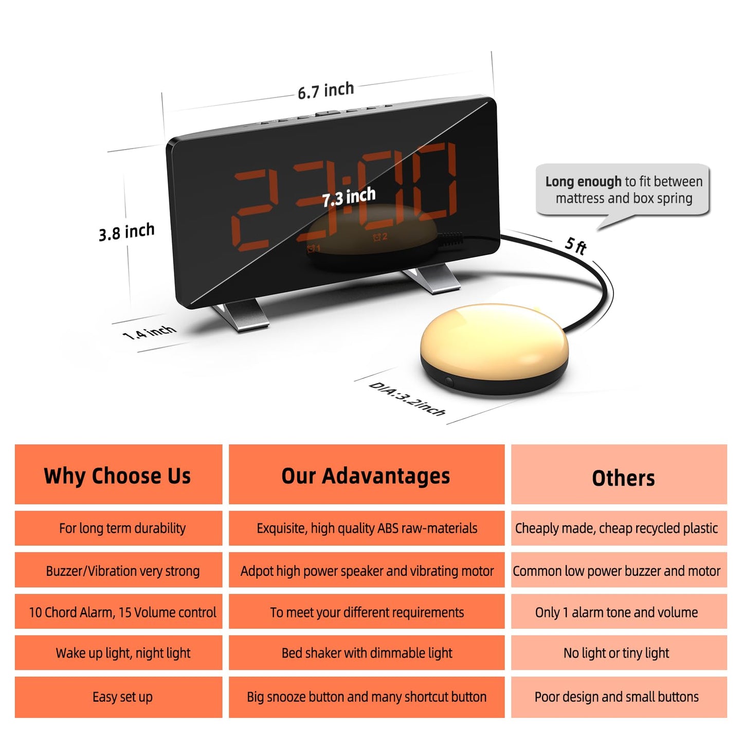 Vibrating Alarm Clock with Bed Shaker