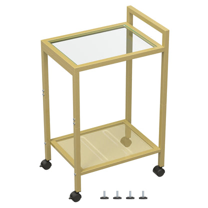 Waissdea 2-Tier Side Table，Mobile Side Table, End Tables with Tempered Glass, Narrow Side Table with Storage Shelves, for Living Room Bedroom Home Decor (Gold)