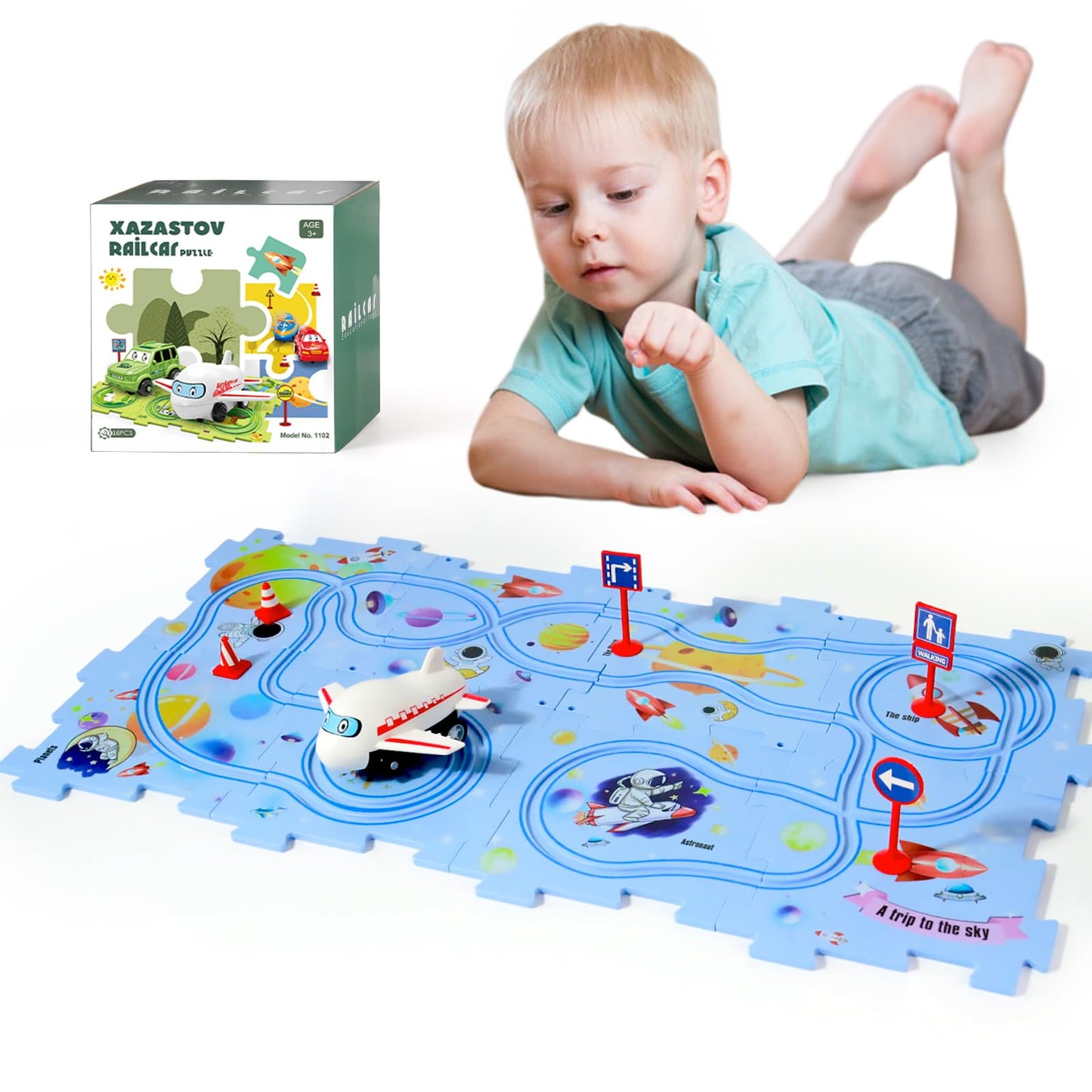 XAZASTOV Puzzle Racer Kids Car Track Set, Plastic Floor Puzzles for Kids Ages 3-5 with Vehicles, Electric Trolley Puzzle, Toys Gifts for 2 3 4 5 6 Year Old Boys Girls, Montessori Toys for 3+ Years