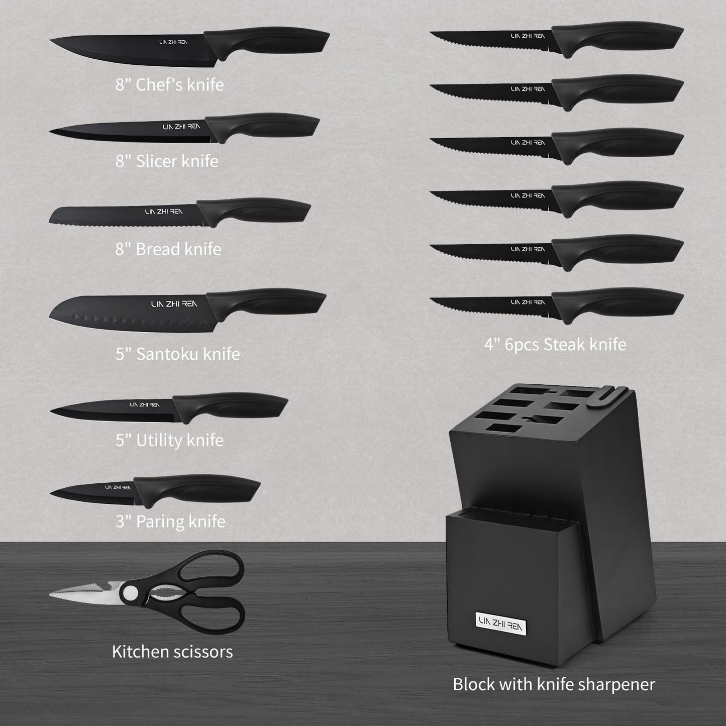 15-Piece Kitchen Knife Set with Block & Sharpener