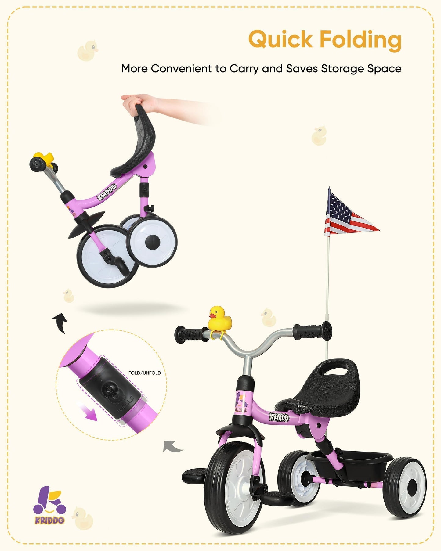 KRIDDO Foldable Kids Tricycle with Storage Basket