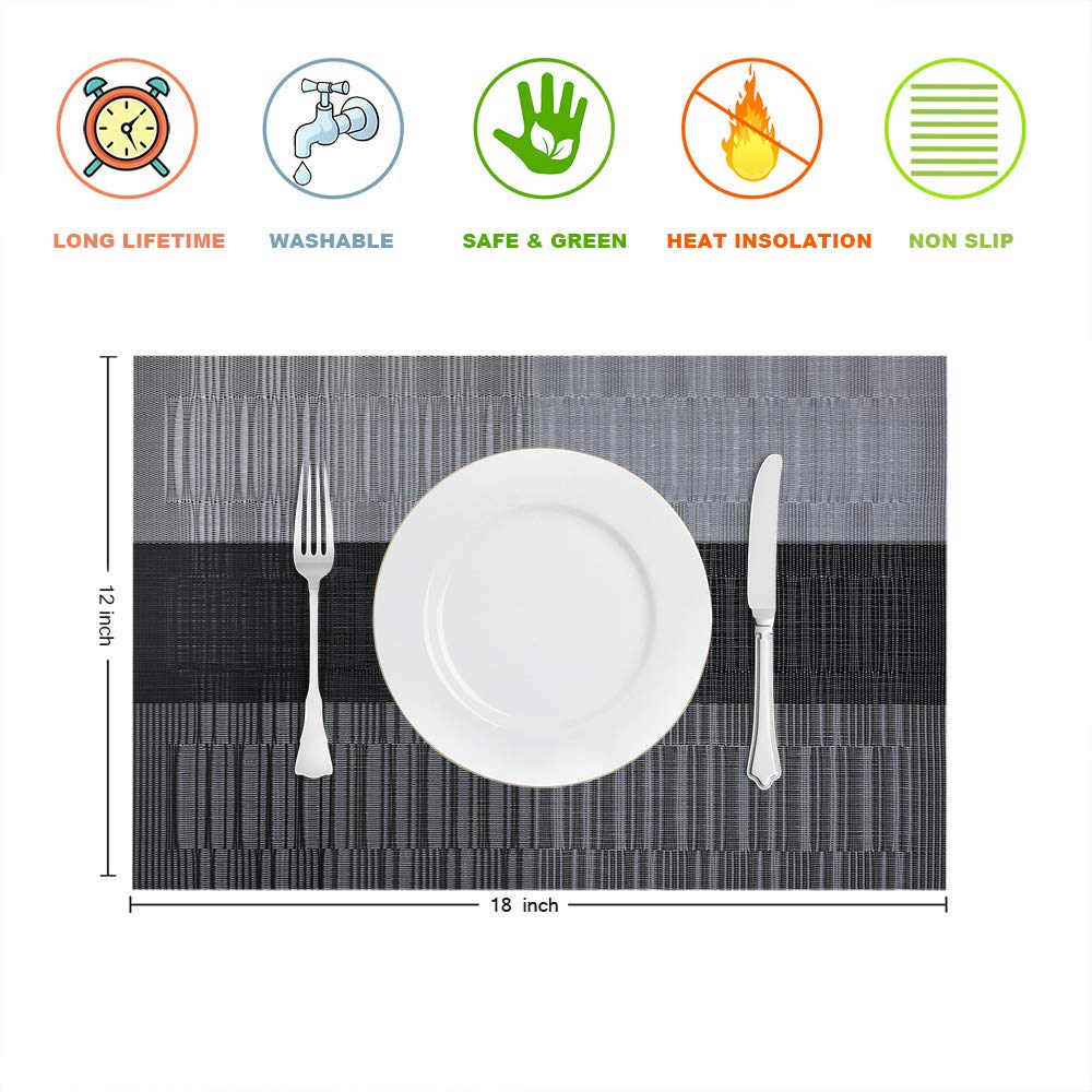 GIVERARE Placemats Set of 4, Heat-Resistant Woven Vinyl Placemat, Non-Slip Washable PVC Table Mat, Easy to Clean Premium Plastic Table Mats for Dining Table, Kitchen Table (Black+Gray)