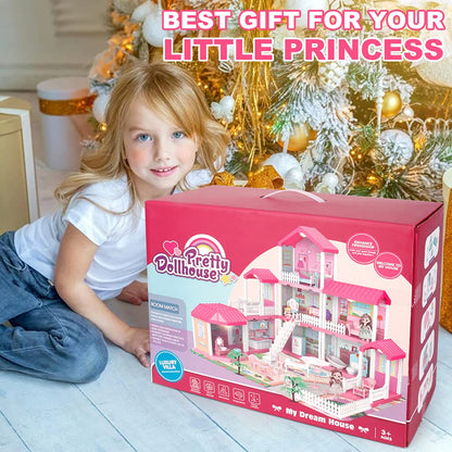 Dollhouse Building Toy Set with 5 Lights,3 Dolls& 2 Pets Princess Doll House and Furniture,Accessories,Stairway,Best STEM Pretend Play Toys for Girls Toddlers 27.7" Tall (9 Rooms)
