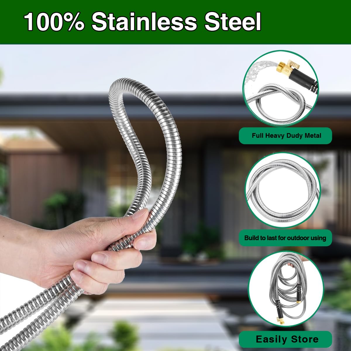 50ft Stainless Steel Garden Hose with Nozzle