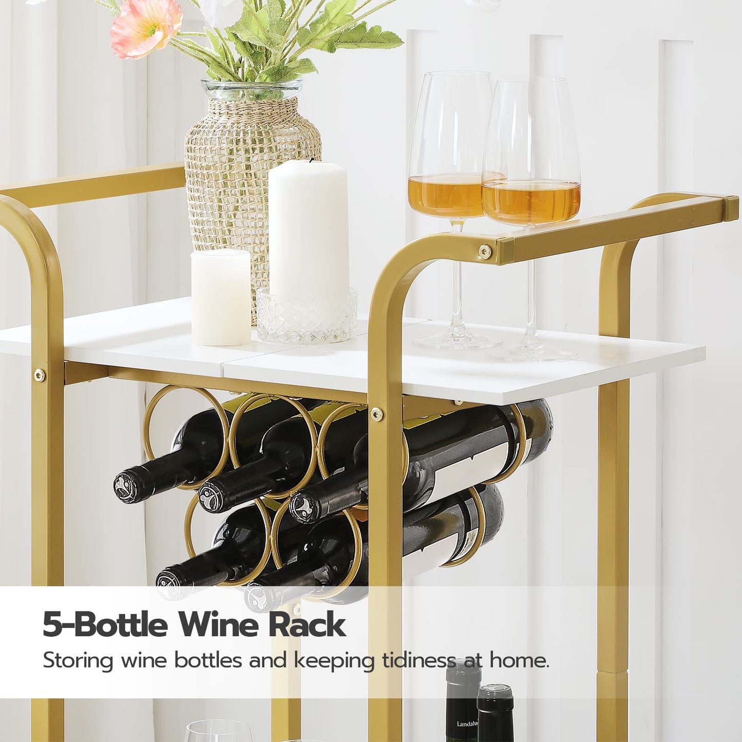 HOOBRO Gold Bar Cart for Home, 2-Tier Serving Cart with Lockable Wheels, Wine Cart with Wine Rack for Small Spaces, Rolling Wine Cart for Living Room, Party, Bar, White and Gold DW56TC01