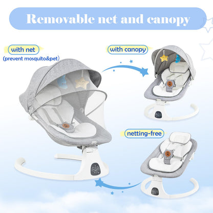 Baby Swing, Baby Bouncer, Electric Rocker for Infants to Toddler, Remote Control, 5 Levels Speed, 3 Seat Positions, Breathable Mesh, Adapter/Battery Operated, Indoor & Outdoor Portable Travel Gray