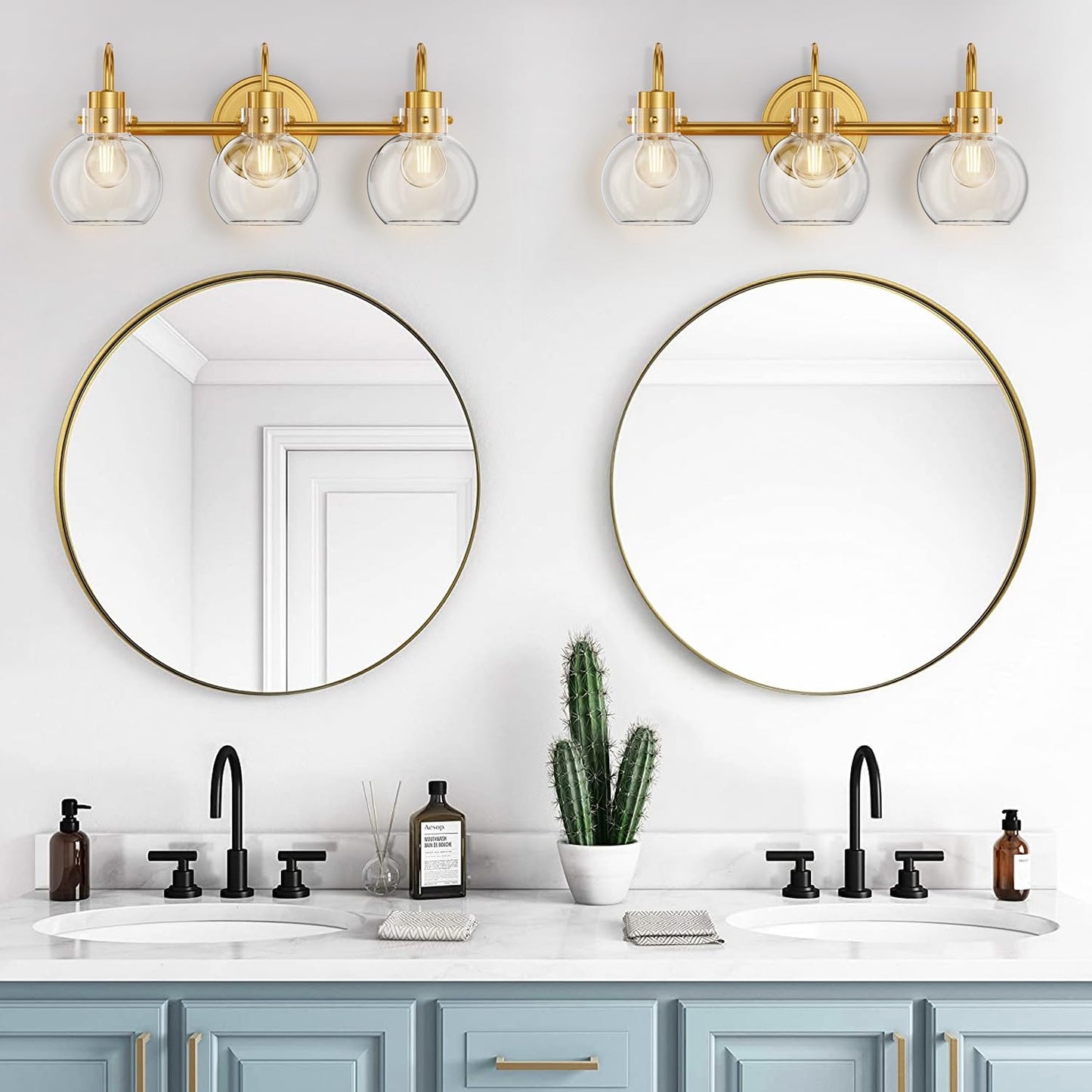 3-Light Vanity Light, Brushed Brass Bathroom Light Fixtures, Farmhouse Wall Sconces with Globe Clear Glass Shade, Porch Wall Mount Lamp for Mirror, Kitchen, Porch, Living Room, Workshop (E26 Base)