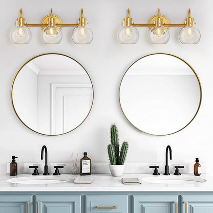 3-Light Vanity Light, Brushed Brass Bathroom Light Fixtures, Farmhouse Wall Sconces with Globe Clear Glass Shade, Porch Wall Mount Lamp for Mirror, Kitchen, Porch, Living Room, Workshop (E26 Base)
