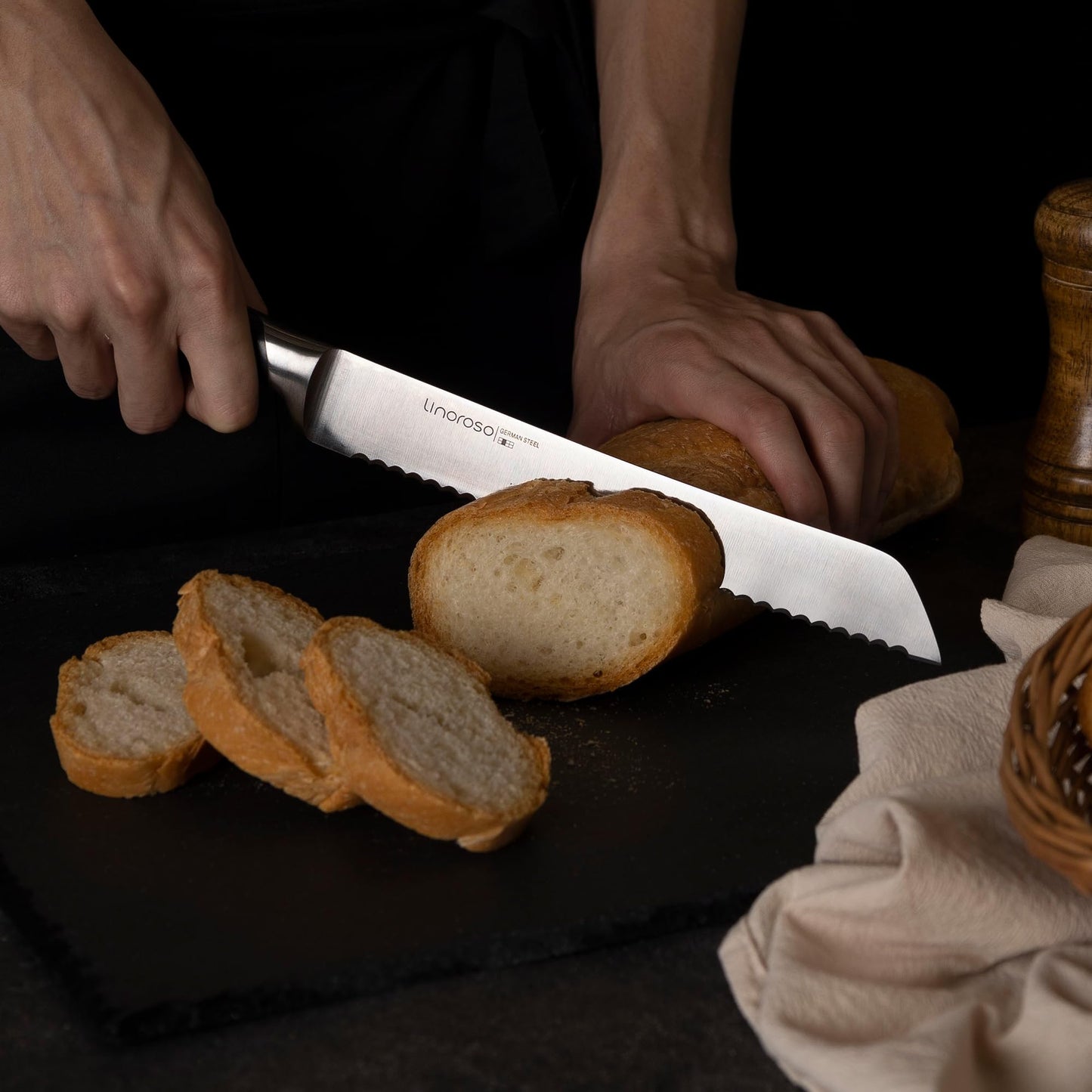 linoroso Serrated Bread Knife for Homemade Bread with Elegant Gift Box, Full Tang Ultra Sharp Forged German Carbon Stainless Steel Bread Knife 8 inch for Slicing Bread, Bagels, Cake - Classic Series