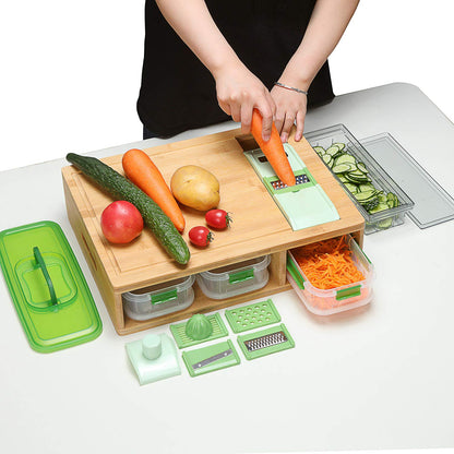 Smart Bamboo Cutting Board With Containers, Locking Lid, and Built-in GRATER. Easy To Clean Food Prep Station With Trays. Extra Large Smart Cutting Board Set with Stackable Containers For Easy Storage