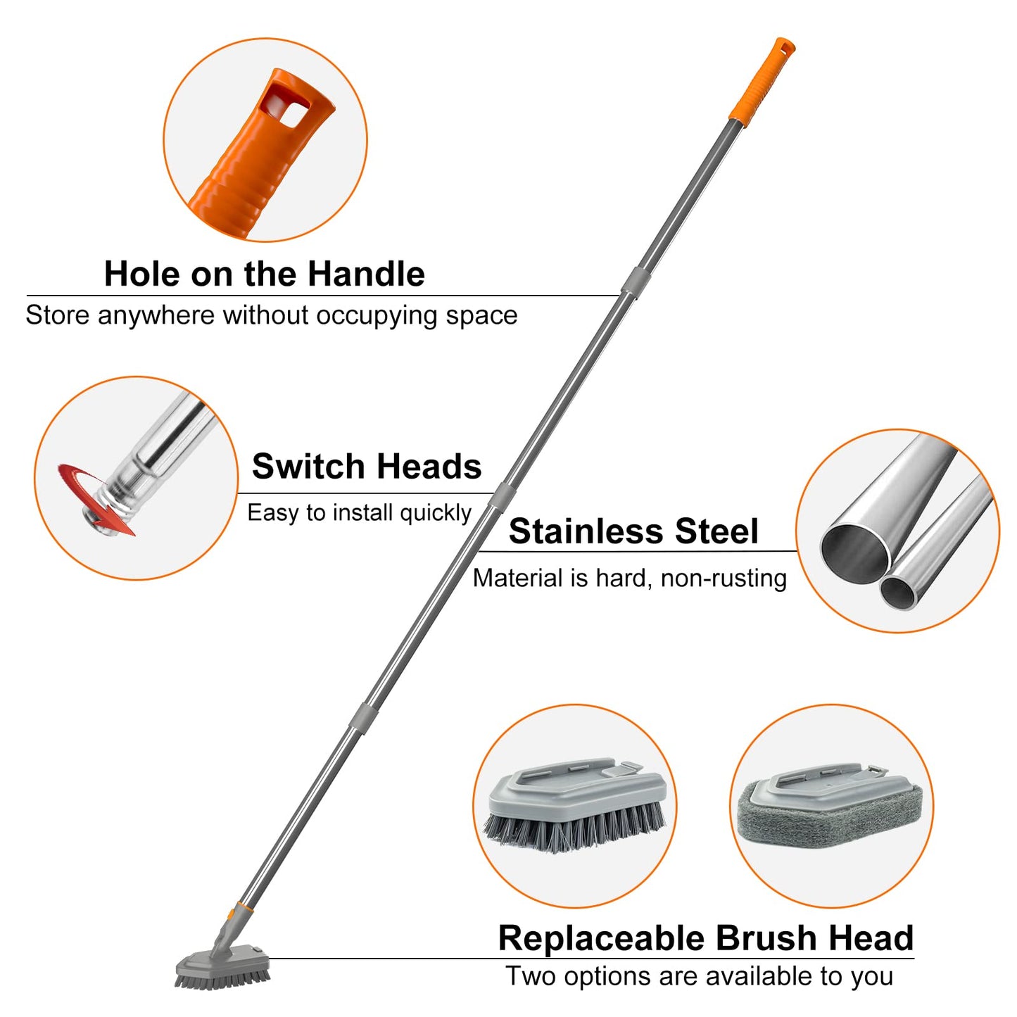 Mutil Purpose Scrub Brush with Long Handle, 62“ Tub and Tile Scrubber Brush, 2 in 1 Shower Cleaning Brush & Sponge, Stiff Bristles Cleaner Tool for Cleaning Bathroom Shower Bathtub Wall
