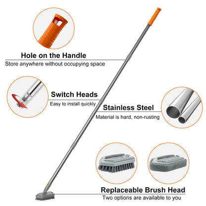 Mutil Purpose Scrub Brush with Long Handle, 62“ Tub and Tile Scrubber Brush, 2 in 1 Shower Cleaning Brush & Sponge, Stiff Bristles Cleaner Tool for Cleaning Bathroom Shower Bathtub Wall