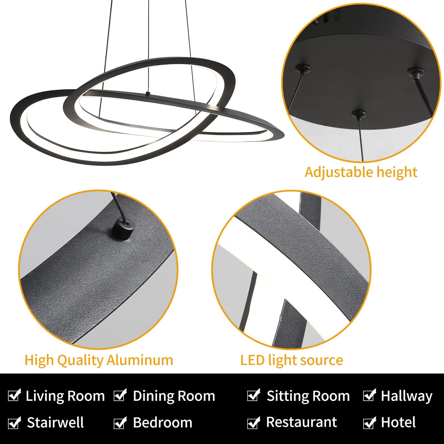 Black Chandelier, Modern Ceiling Trefoil Chandelier for Dining Room Light Fixtures Hanging, Color Temperature and Height Adjustable Chandeliers for Living Room, Bedroom 23.6IN