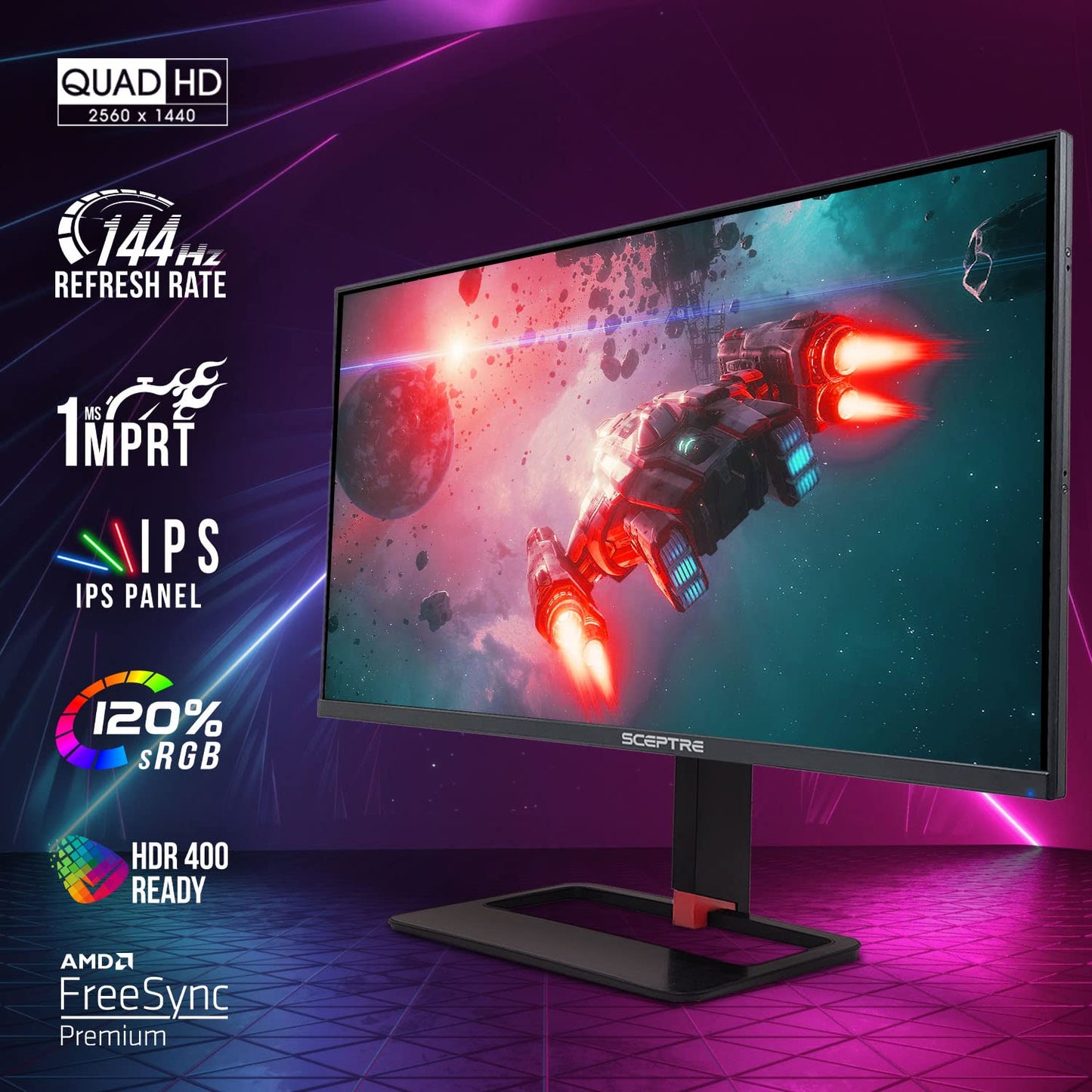 Sceptre 32 inch QHD IPS Monitor HDR400 2560x1440 DisplayPort up to 144Hz 1ms 120% sRGB Height Adjustable, Build-in Speakers Gunmetal Black (E325B-QPN168)