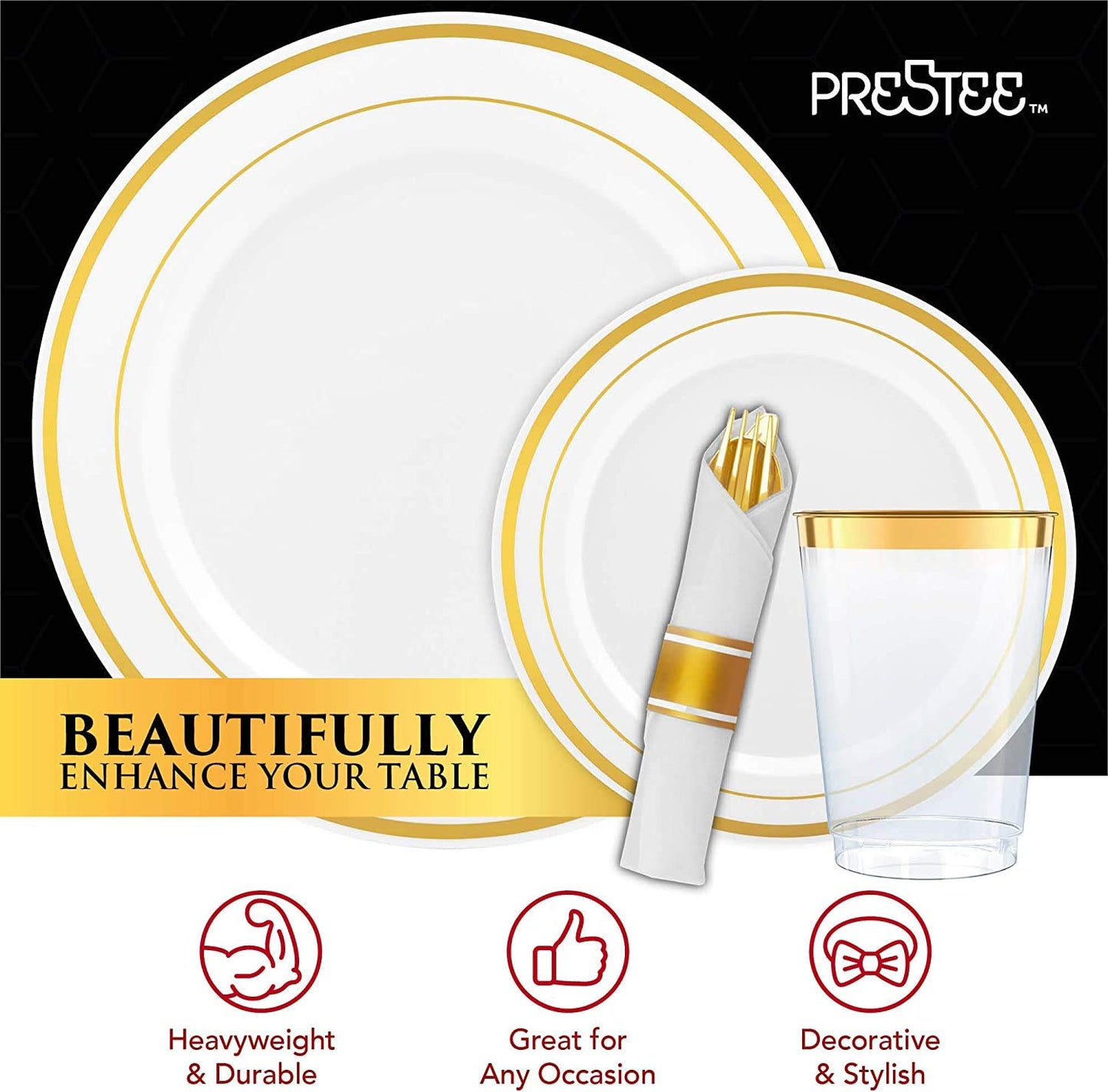 Prestee 350 Piece Disposible Dinnerware Set for 50 Guests - Gold - Reusable Party Supplies Set incl. 50 Big Dinner Plates, 50 Small Salad Plates, 50 Knives, 50 Forks, 50 Spoons, 50 Cups and 50 Napkins