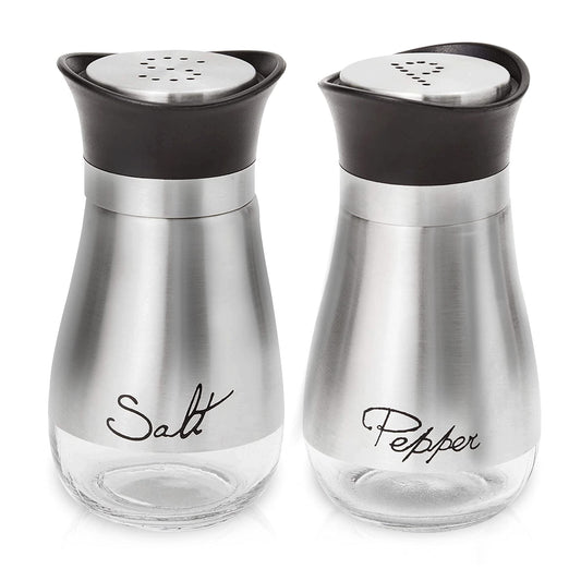 Lonffery Salt and Pepper Shakers Set, Salt Containers for Gifts, Kitchen Decor with Stainless Steel and Glass Bottle, Set of 2