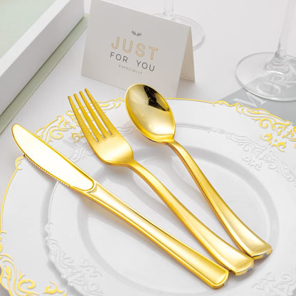 Lullaby 320pcs Gold Plastic Silverware, Gold Disposable Silverware Include 120 Forks, 100 Spoons, 100 Knives, Gold Plastic Flatware, Gold Cutlery Set Disposable for Weddings, Party and Daily Use