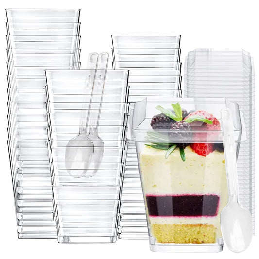 50 Pack 5 oz Mini Dessert Cups with Lids & Spoons