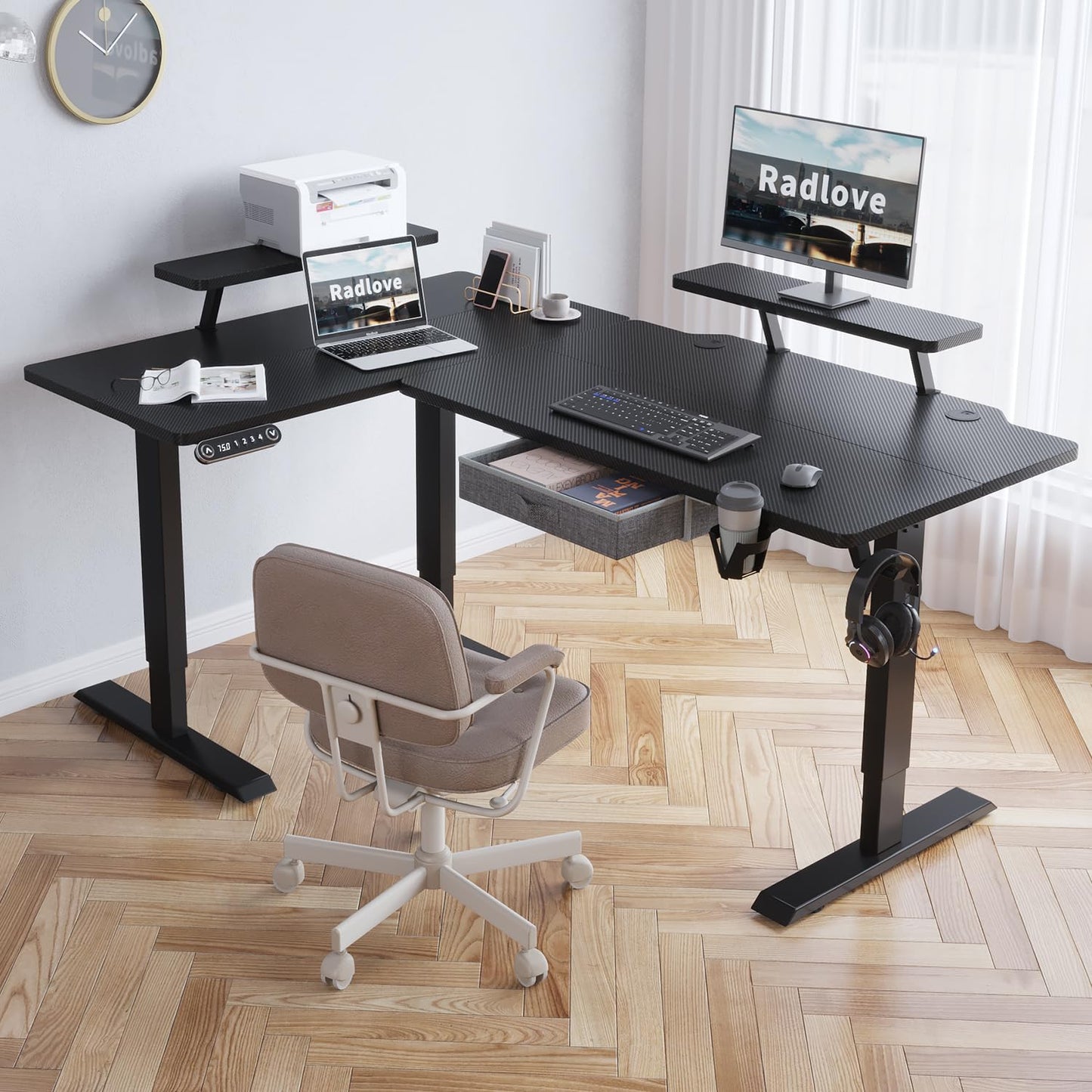 Radlove 63-Inch Large Electric Height Adjustable Computer L-Shaped Desk with Memory Controller Corner Standing Desk Modern Workstation with Splice Board Ergonomic Desk (Black Frame + Black Top)