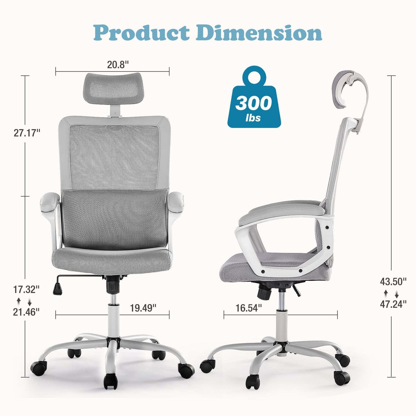 JHK Ergonomic High Back Mesh Lumbar Adjustable Height Rolling Swivel Computer Task Home Office Chairs with Support Armrest for Adults, Light Gray