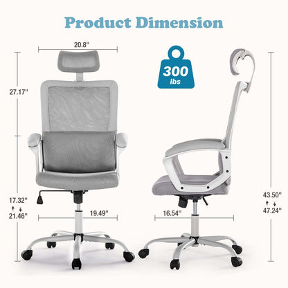 JHK Ergonomic High Back Mesh Lumbar Adjustable Height Rolling Swivel Computer Task Home Office Chairs with Support Armrest for Adults, Light Gray