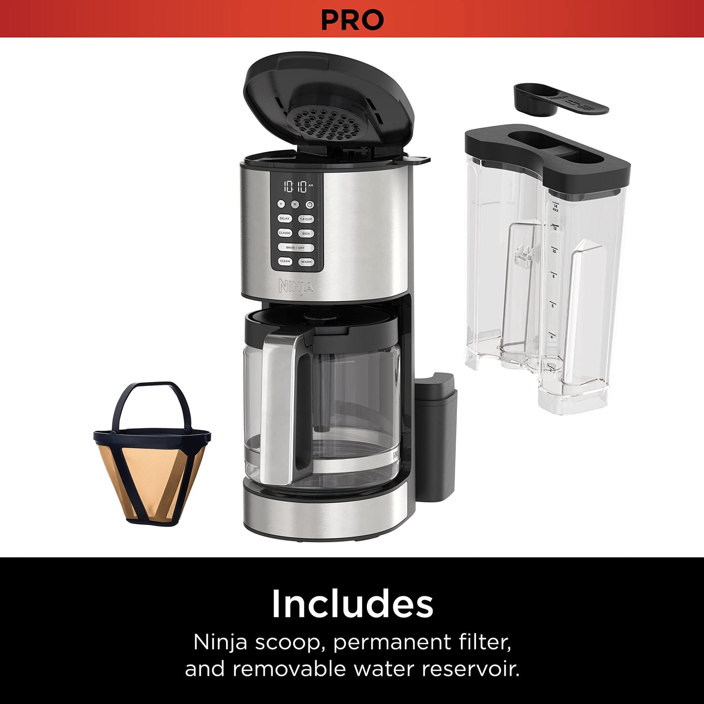 Ninja 14 Cup , Programmable Coffee Maker XL Pro with Permanent Filter, 2 Brew Styles Classic & Rich, 4 Programs Small Batch, Delay Brew, Freshness Timer & Keep Warm, Stainless Steel, DCM201