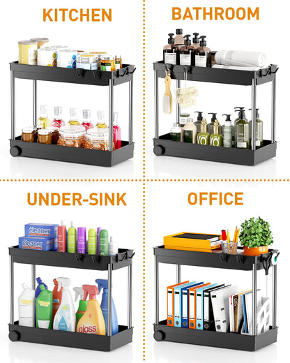 Under Sink Organizer, 2 Tier Under Bathroom Cabinet Storage, Pull Out Under Sink Storage Rack, Under Cabinet Organizer and Storage with Hooks, Multi-purpose Shelf Organizer for Bathroom/Kitchen
