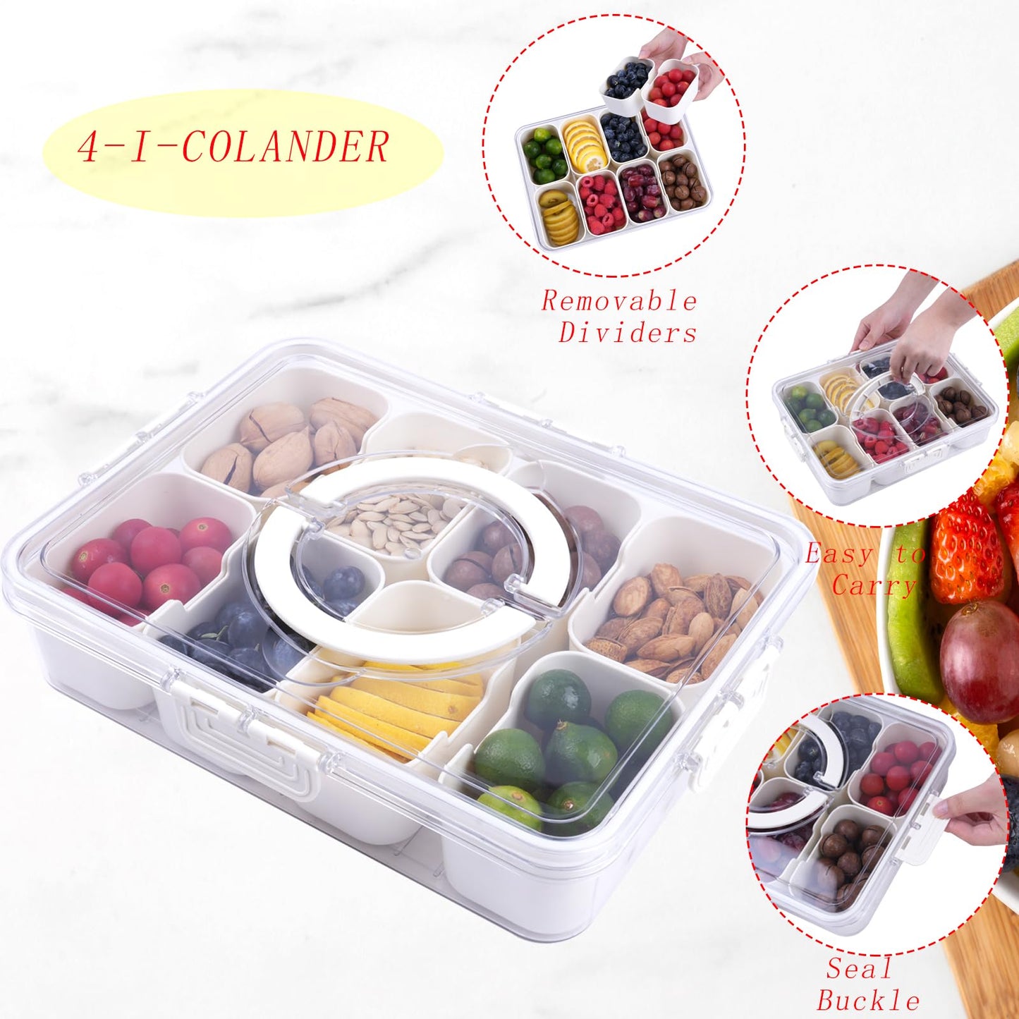 2PCS Divided Serving Tray with Lid & Handle - 8 Compartments Portable Snackle Box Charcuterie Container Organizer for Fruit, Candy, Nuts - Serving Platter for Picnic, Party, Holidays and Travel