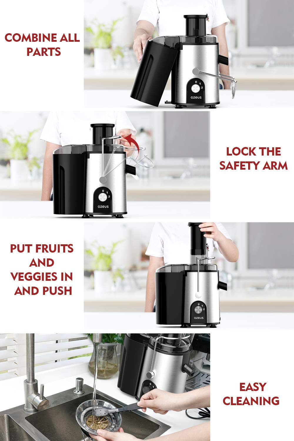 AZEUS Centrifugal Juicer Machines, Juice Extractor with Germany-Made 163 Chopping Blades (Titanium Reinforced) & 2-Layer Centrifugal Bowl, High Juice Yield, Easy to Clean, Anti-Drip,100% BPA-Free
