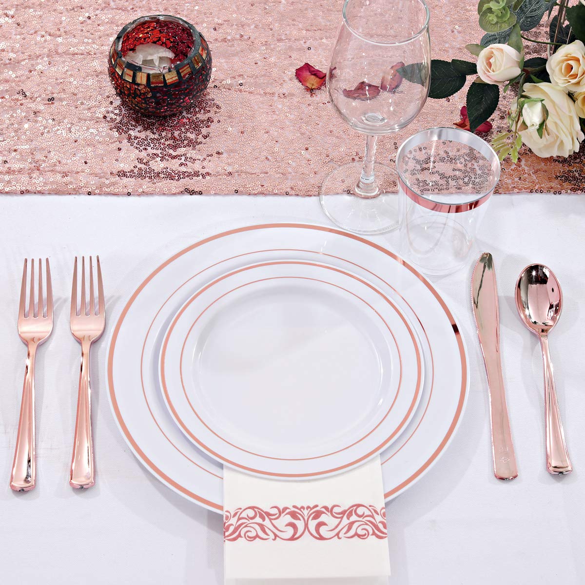 WDF 120 pieces Rose Gold Plates Disposable - Rose Gold Plastic Plates, Heavy Duty Plastic Christmas Plates 60-10.25" Dinner Plates and 60-7.5" Salad Plates Perfect for Wedding, Party