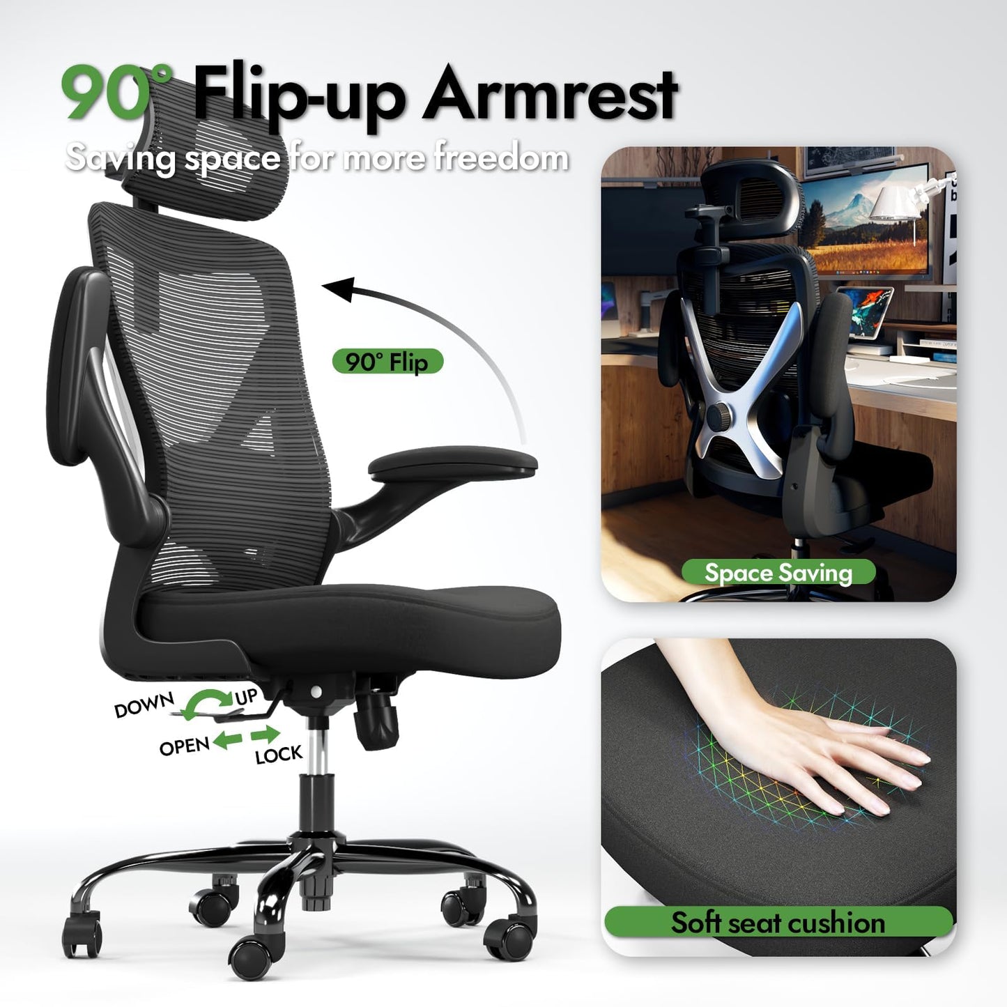 Ergalithic Ergonomic Office Chair - X-Shaped Computer Desk Chair Comfy, Gaming Chair, Office Chair with Lumbar Support, Mesh Office Chairs with Headrests, Desk Chair for Long Hours (Black Silver)