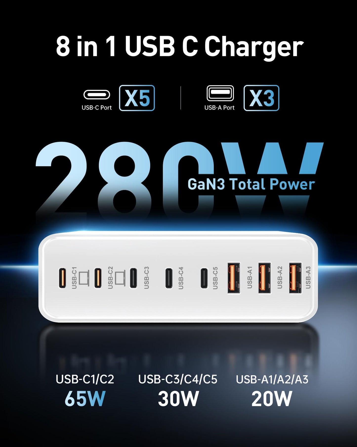280W 8-Port USB C Charging Station