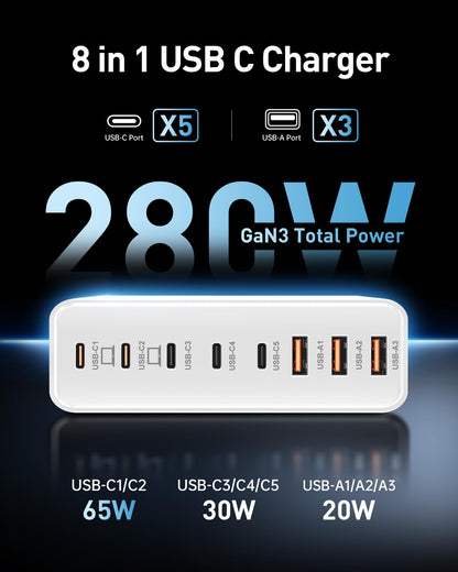 280W 8-Port USB C Charging Station