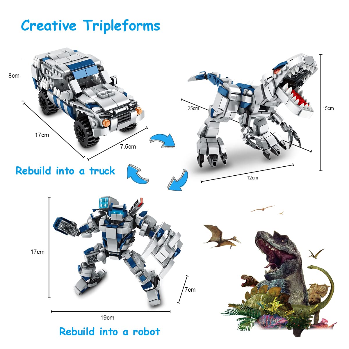 TOWINGO Creator 3in1 Building Blocks Toy for Boys, Dinosaurs/Robot/Trucks Vehicle Bricks Building Kit, Educational Toy Sets for 6+ Years Old Boys Girls (525+Pieces)