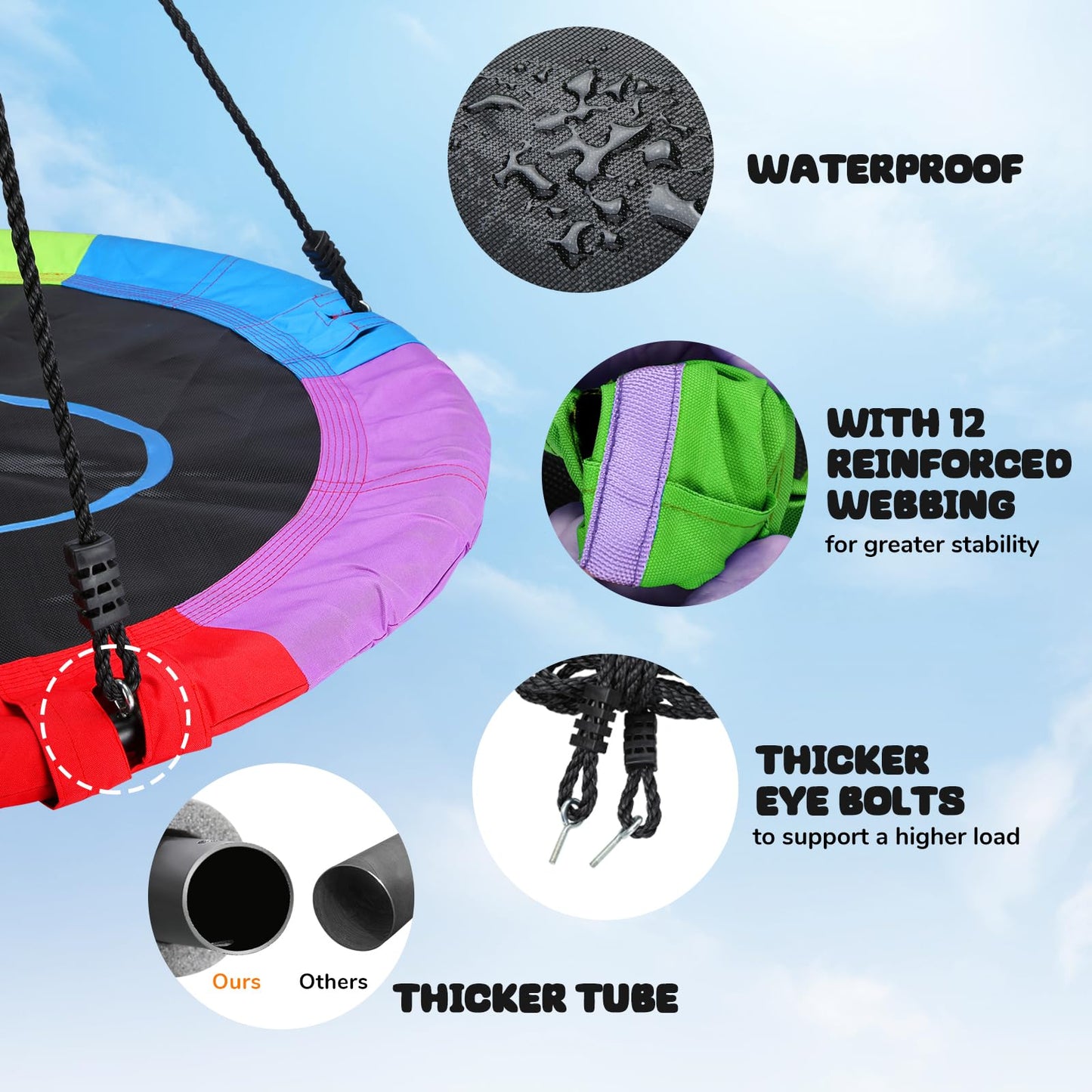 Trekassy 700lb 40 Inch Saucer Tree Swing for Kids Adults 900D Oxford Waterproof with 2pcs Tree Hanging Straps, Steel Frame and Adjustable Ropes Rainbow